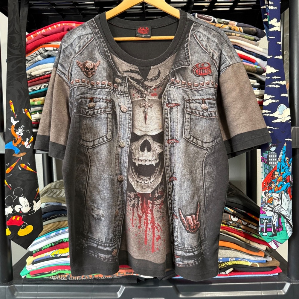 Y2K Black Spiral Direct Skull Denim Vest Graphic Tee XL